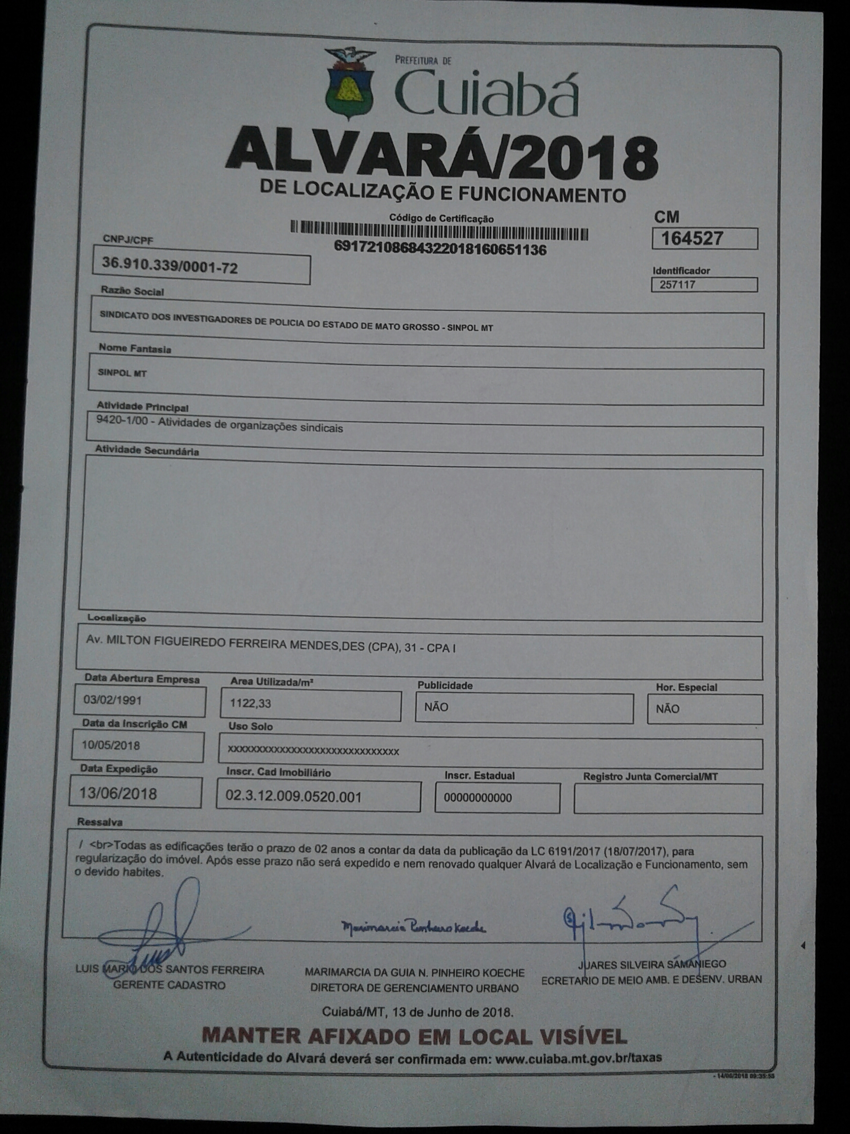 SINPOL-MT CONSEGUE 1º  ALVARÁ DE FUNCIONAMENTO